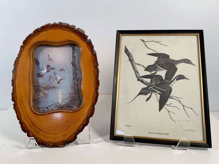 Wood-Slice Frame With Duck Print and Framed 1967 ‘Ducks Unlimited’ Pintail Illustration