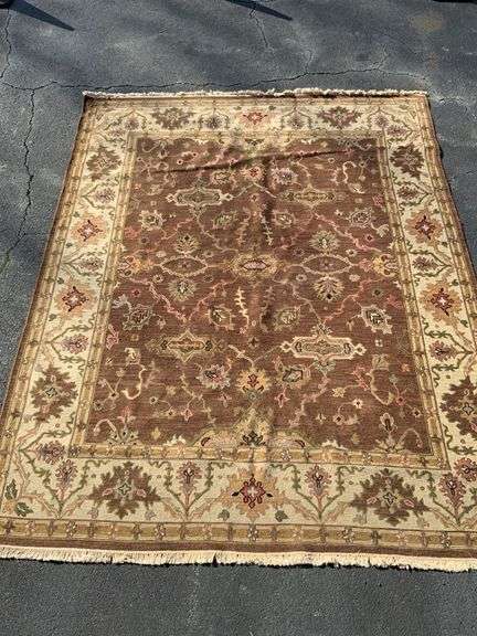 Hand-Knotted Wool Rug with Brown and Ivory Floral Motif, 97” x 123”