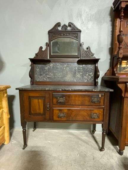 Two-Piece Wood Sideboard with Marble Top and Mirrored Back, 42″W x 18″D x 68″H