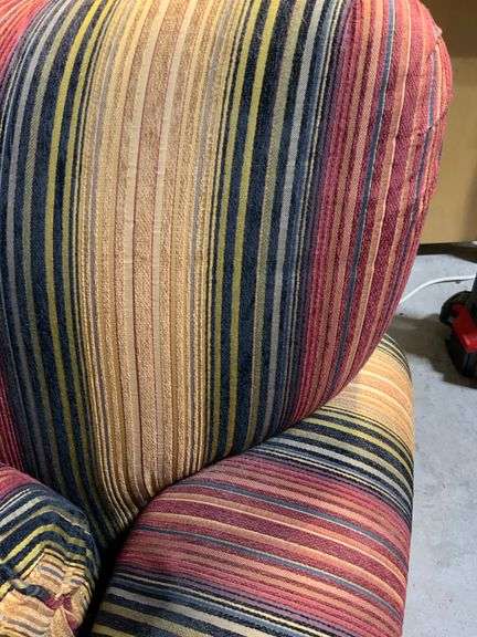 Striped Upholstered Armchair with Rolled Arms and Wooden Feet