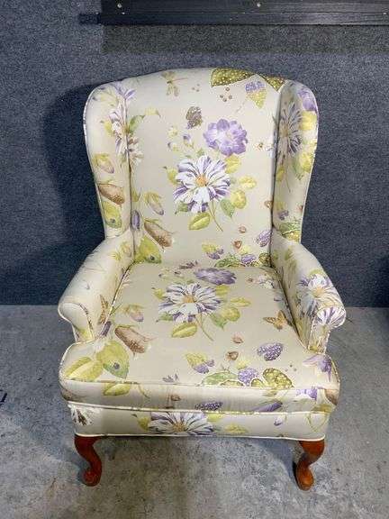 Floral Upholstered Wingback Chair With Curved Wood Cabriole Legs