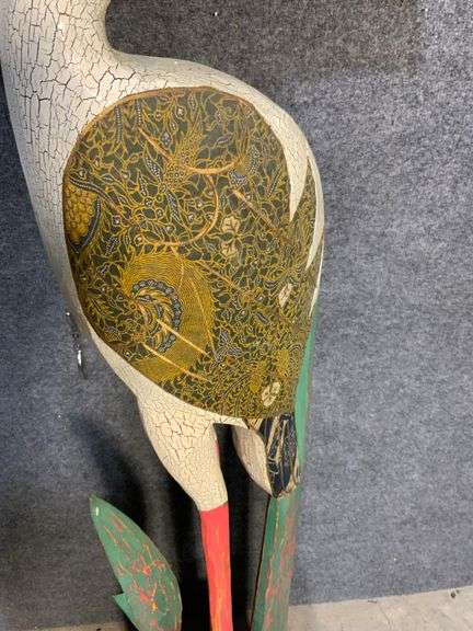 58-inch Carved Wooden Crane Sculpture with Painted Details