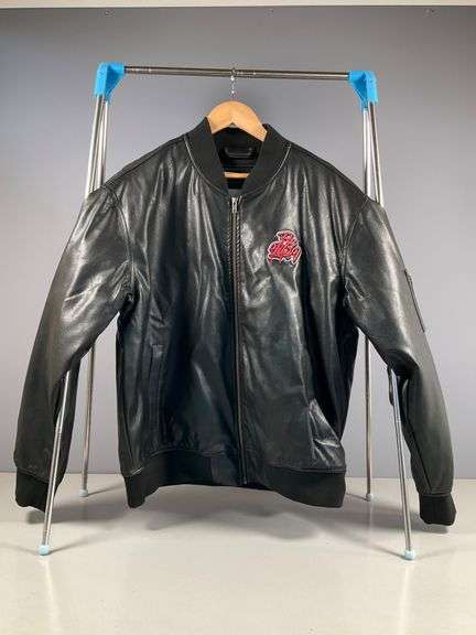 Black Faux Leather Bomber Jacket with Embroidered Logo Patch