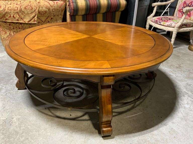 Round Wood and Metal Coffee Table with Spinning Lazy Susan Top