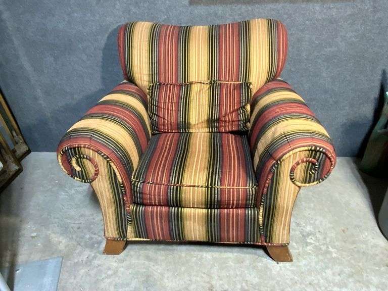 Striped Upholstered Armchair with Rolled Arms and Wooden Feet