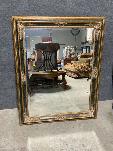 Rectangular Wall Mirror with Ornate Gilded and Painted Frame, 38″ x 48″