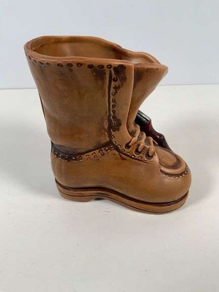 Ceramic Boot-Shaped Vase with Rifle Decoration by Inarco, 6 Inches Tall