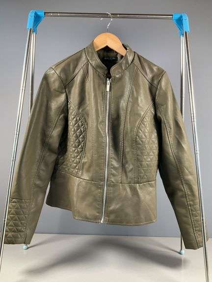 Baccini Women’s Olive Faux Leather Jacket with Quilted Panels, Size Large