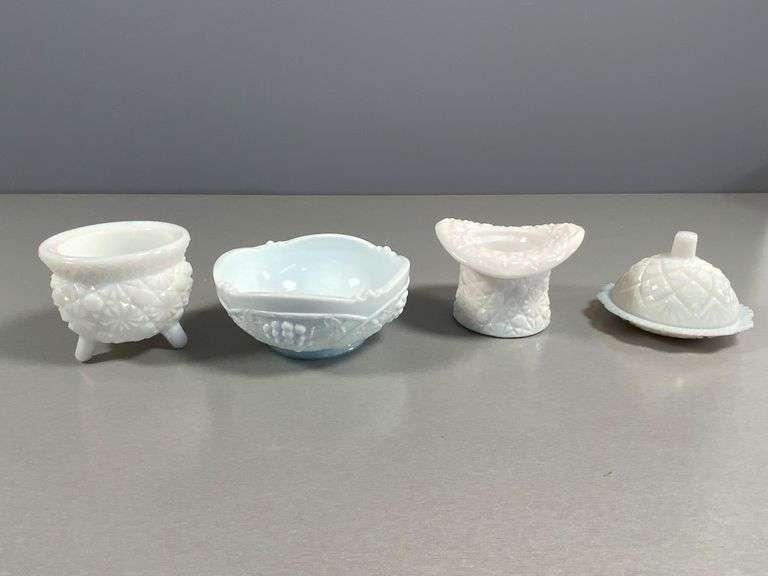 Collection of White Milk Glass Miniature Tableware Items with Etched and Embossed Designs