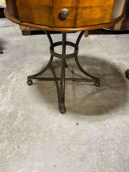 Round Wooden Side Table with Drawer and Metal Base