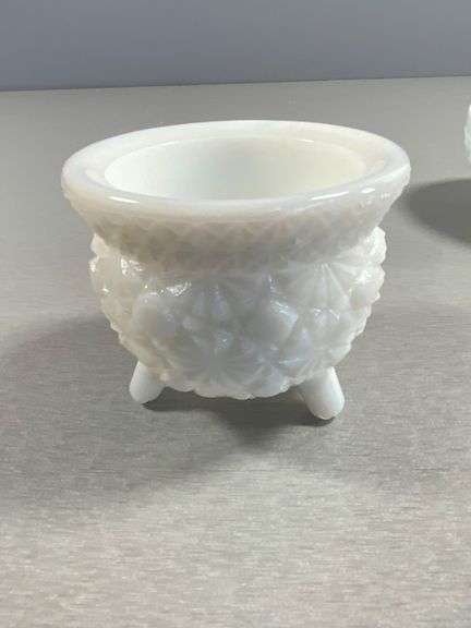 Collection of White Milk Glass Miniature Tableware Items with Etched and Embossed Designs