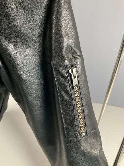 Black Faux Leather Bomber Jacket with Embroidered Logo Patch