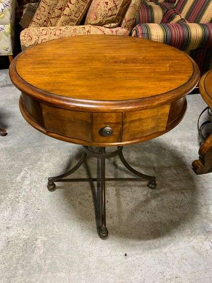 Round Wooden Side Table with Drawer and Metal Base