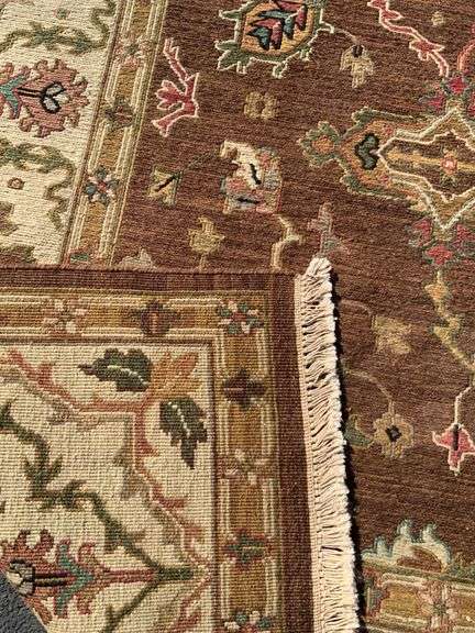 Hand-Knotted Wool Rug with Brown and Ivory Floral Motif, 97” x 123”