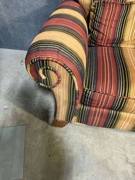 Striped Upholstered Armchair with Rolled Arms and Wooden Feet