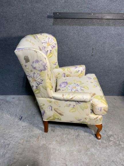 Floral Upholstered Wingback Chair With Curved Wood Cabriole Legs