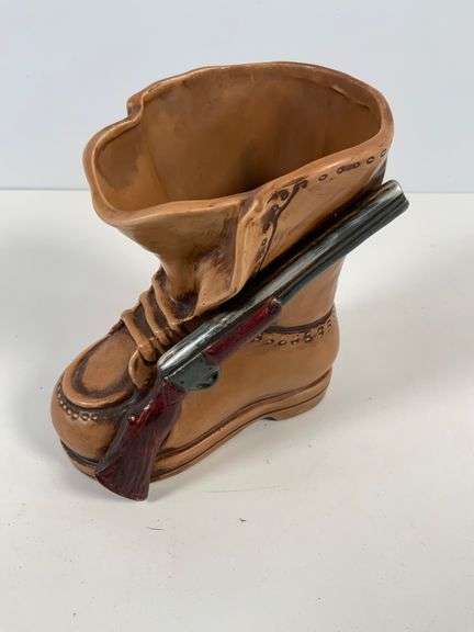 Ceramic Boot-Shaped Vase with Rifle Decoration by Inarco, 6 Inches Tall
