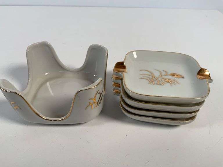 Lefton China Gilt-Trimmed Porcelain Ashtray Set with Holder, Made in Japan