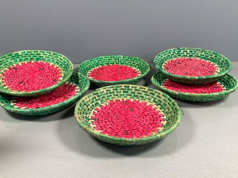 Set of Six Handwoven Straw Baskets with Red and Green Watermelon Design