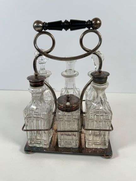 Victorian-Style Cruet Set with Glass Bottles and Metal Holder