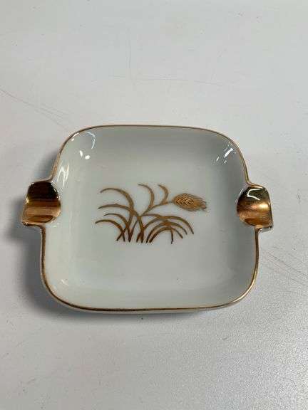Lefton China Gilt-Trimmed Porcelain Ashtray Set with Holder, Made in Japan