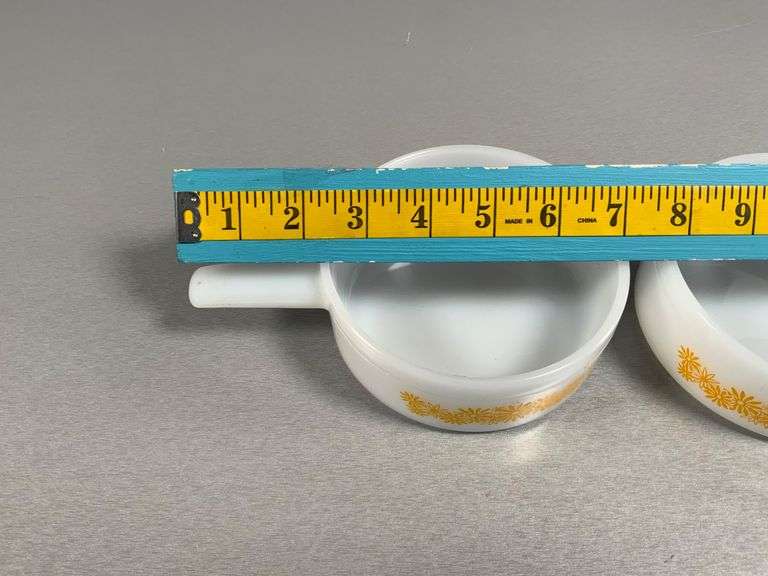 Pair of Vintage Ovenware Milk Glass Bowls with Handles and Floral Design