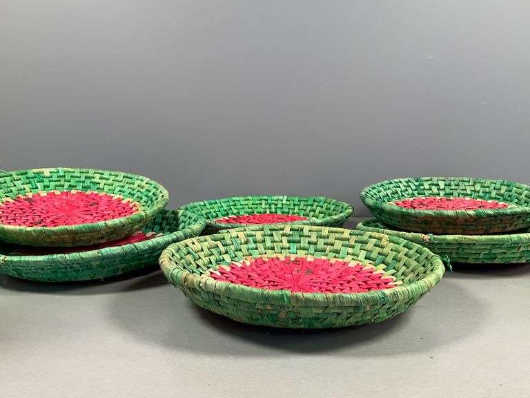 Set of Six Handwoven Straw Baskets with Red and Green Watermelon Design