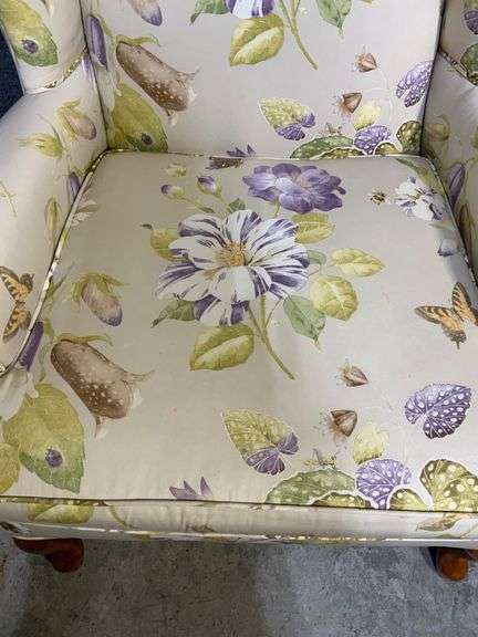 Floral Upholstered Wingback Chair With Curved Wood Cabriole Legs