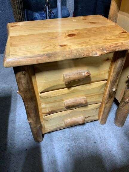 Rustic Pine Three-Drawer Nightstand With Natural Log Details