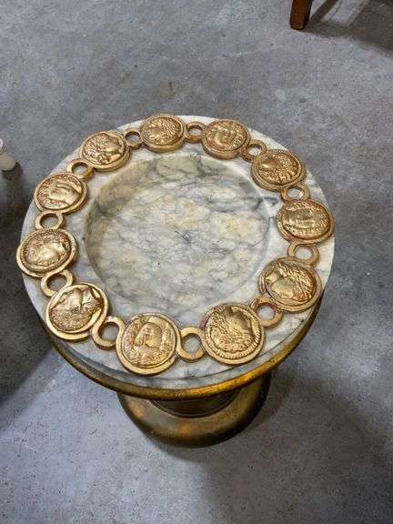 Two-Piece Marble and Gilt Metal Pedestal Bowl with Decorative Medallion Detailing