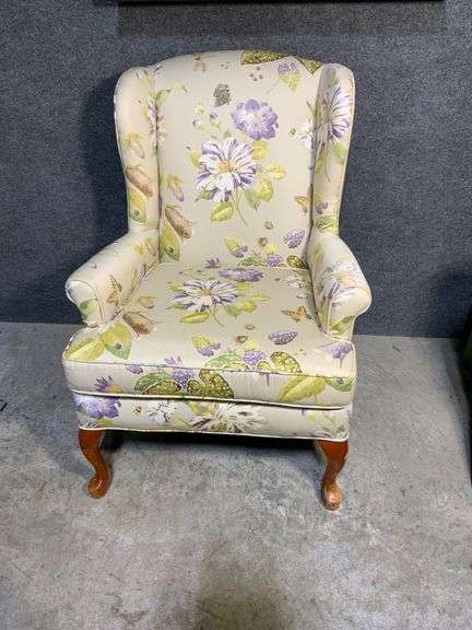 Wingback Armchair with Floral Upholstery and Cabriole Legs