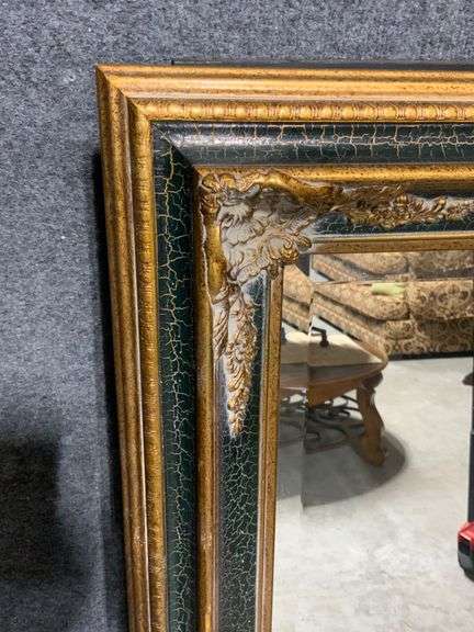 Rectangular Wall Mirror with Ornate Gilded and Painted Frame, 38″ x 48″