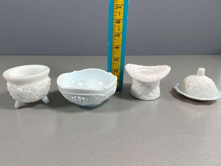 Collection of White Milk Glass Miniature Tableware Items with Etched and Embossed Designs