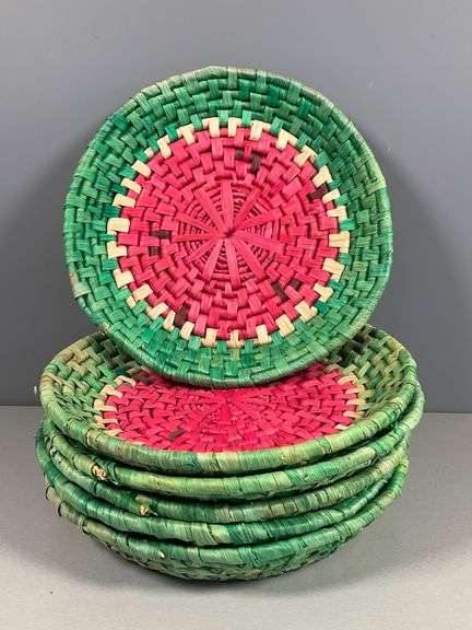 Set of Six Handwoven Straw Baskets with Red and Green Watermelon Design