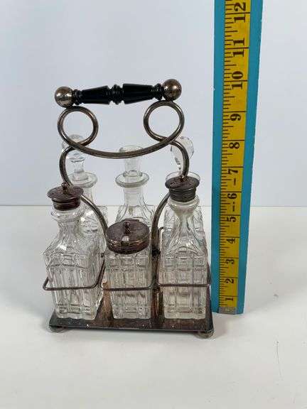 Victorian-Style Cruet Set with Glass Bottles and Metal Holder
