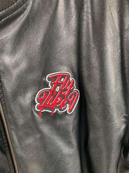 Black Faux Leather Bomber Jacket with Embroidered Logo Patch