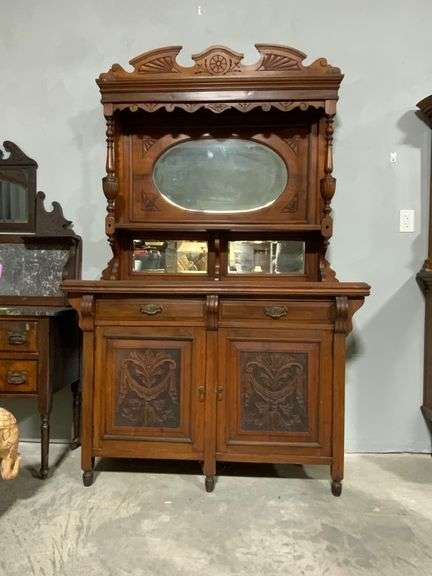 Two-Piece Wooden Sideboard With Mirrored Hutch and Carved Panel Doors