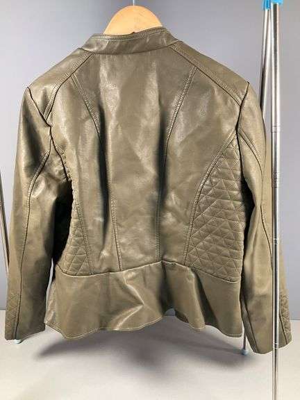 Baccini Women’s Olive Faux Leather Jacket with Quilted Panels, Size Large
