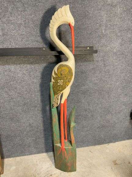 58-inch Carved Wooden Crane Sculpture with Painted Details