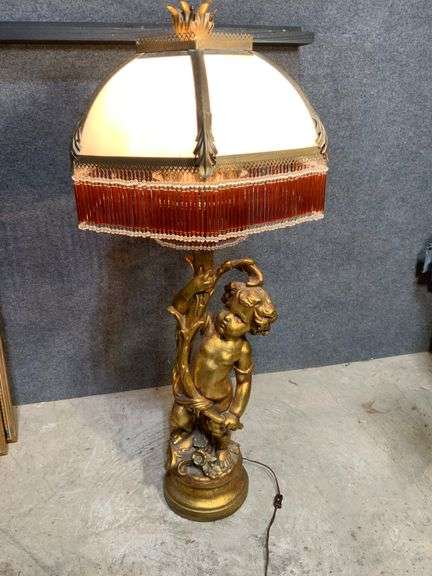 Tall Gold-Finish Cherub Floor Lamp With Glass Shade and Beaded Fringe