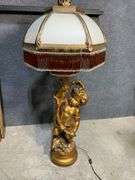 Tall Gold-Finish Cherub Floor Lamp With Glass Shade and Beaded Fringe