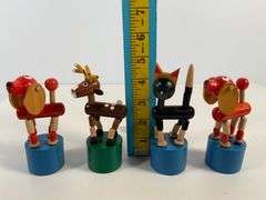 Set of Four Wooden Push Puppet Toys Featuring Animal Figures