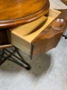 Round Wooden Side Table with Drawer and Metal Base