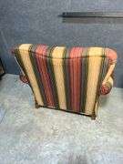 Striped Upholstered Armchair with Rolled Arms and Wooden Feet
