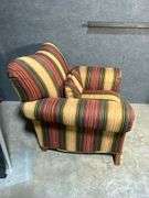 Striped Upholstered Armchair with Rolled Arms and Wooden Feet