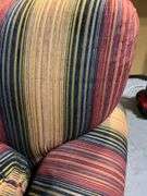 Striped Upholstered Armchair with Rolled Arms and Wooden Feet