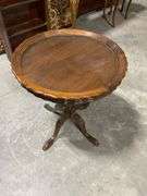 Round Wooden Pedestal Accent Table with Scalloped Edge and Glass Top