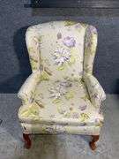 Floral Upholstered Wingback Chair With Curved Wood Cabriole Legs