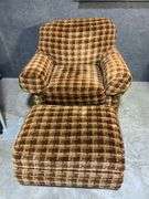 King Hickory Upholstered Armchair and Ottoman Set with Plaid Fabric