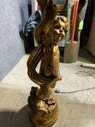 Tall Gold-Finish Cherub Floor Lamp With Glass Shade and Beaded Fringe